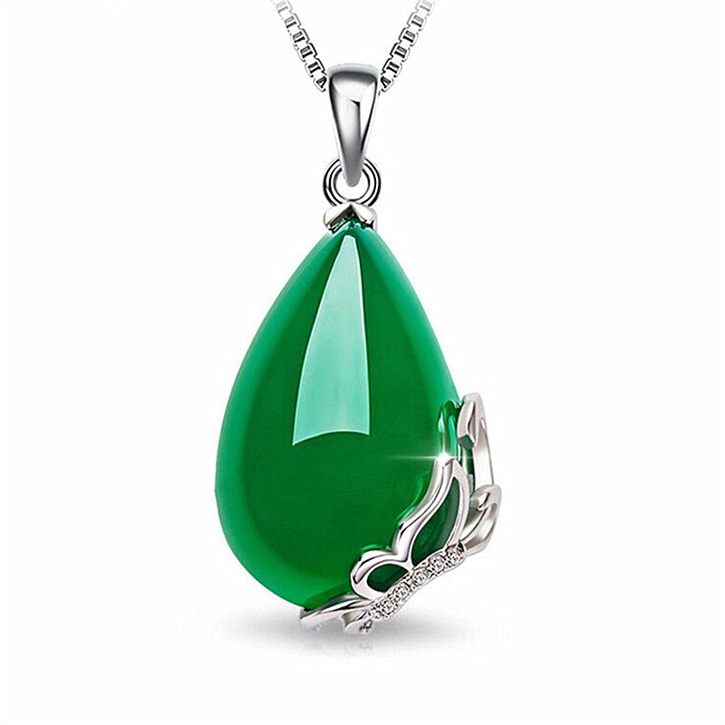 Natural Green Jade Chalcedony Water Pendant 925 Silver Necklace Chinese Carved Charm Jewelry Amulet for Women