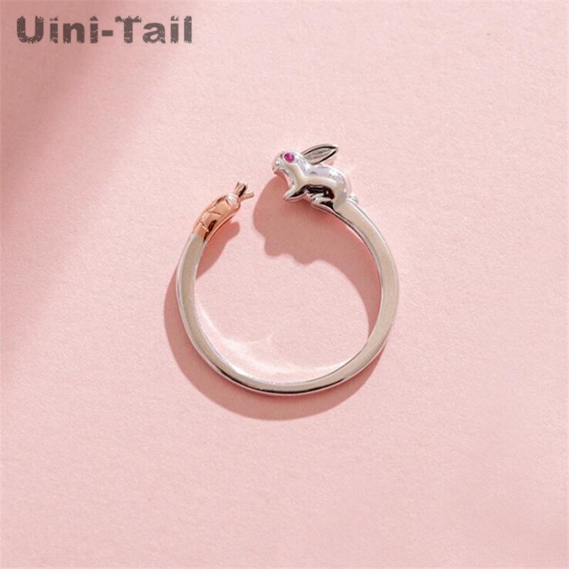 Uini-tail-Anillo de plata de primera ley con forma de conejo para mujer, sortija, plata esterlina , zanahoria, , pequeño, abierto, 925