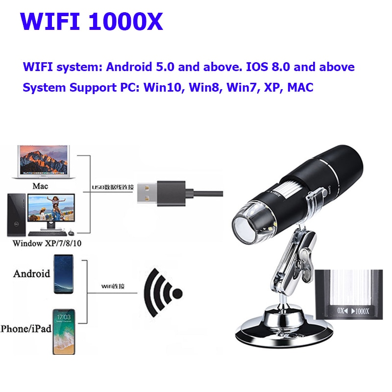 1000X Wifi Digital Microscope Magnifier Camera 8 LED w/Stand Electronic Stereo Endoscope Camera for Android ios iPhone iPad