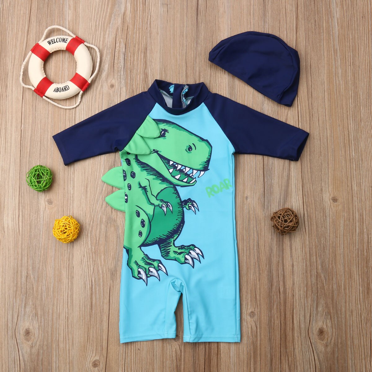 Baby Boy Cartoon Dinosaur Printed Swimsuit with Hat 1-6Y Kids Children Summer Casual Swimwear Beachwear Bathing Suit