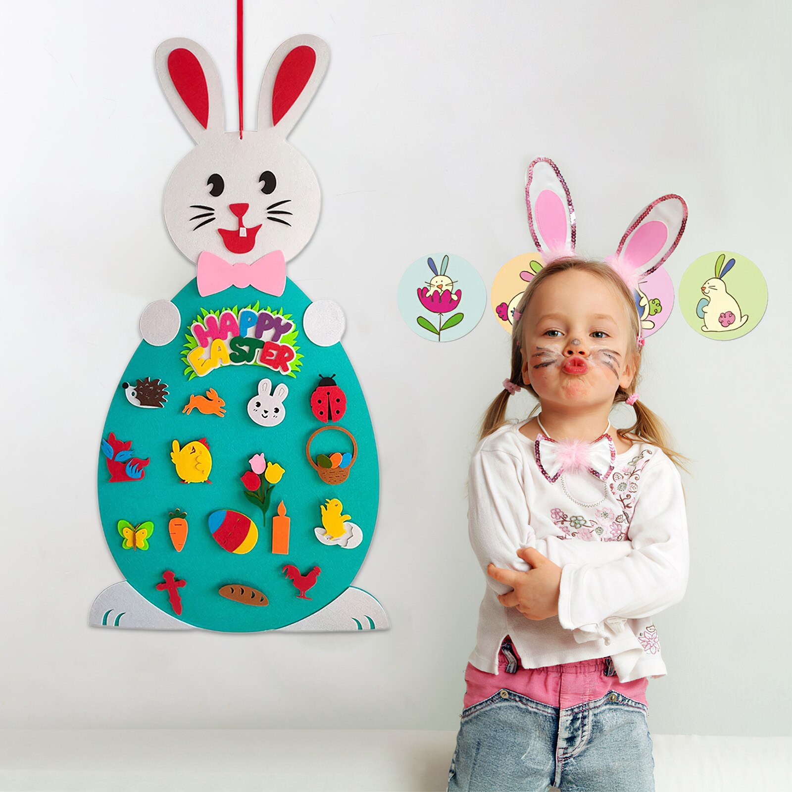 Bunny Vilt Hanger Pasen Diy Vilt Konijn Set Grappige Afneembare Ornament Bunny Decoratie Hanger Muur Opknoping Game Pasen