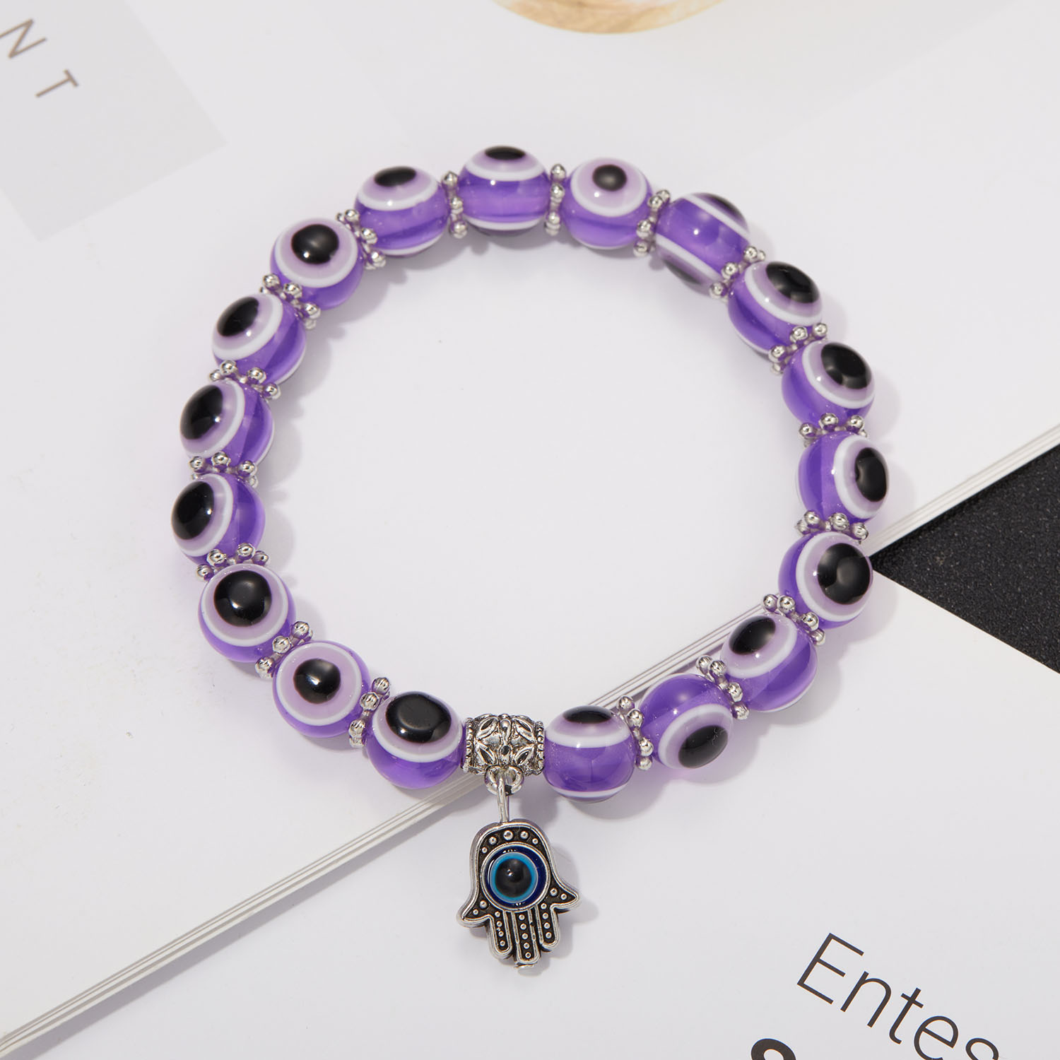 Niebieska bransoletka Evil Eye dla kobiet mężczyzn turecka dłoń wisiorek oczy koraliki Handmade szczęśliwa bransoletka elastyczna regulacja Charm bransoletka: Purple Palm