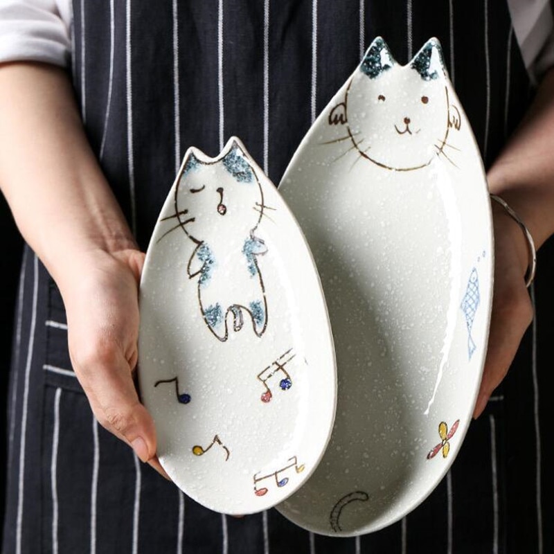 Japanse keramische diner plaat Keramische kat servies Mooie servies fruit dessertbord creatieve Cartoon Kleur kat