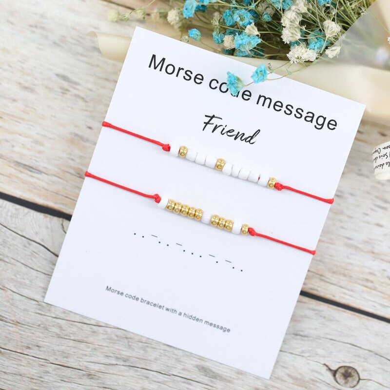 Set van 2 morsecode armbanden met kralen, beste vriend, vriendschapsarmband, morsecode sieraden, beste vriend, bijpassende armband voor koppels.: Rood