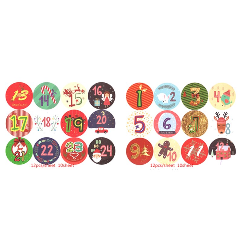 10 vellen kerstetiketten adventskalender, nummerpapierstickers, ornamenten, koekje, snoep, doe-het-zelf kerststickers, zelfklevende verpakkingsstickers