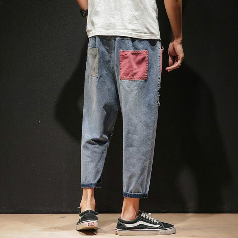 Raka jeans för män plus-size 5xl hål i japansk stil slitna hiphop snygga patchwork lösa byxor herr all-match chic