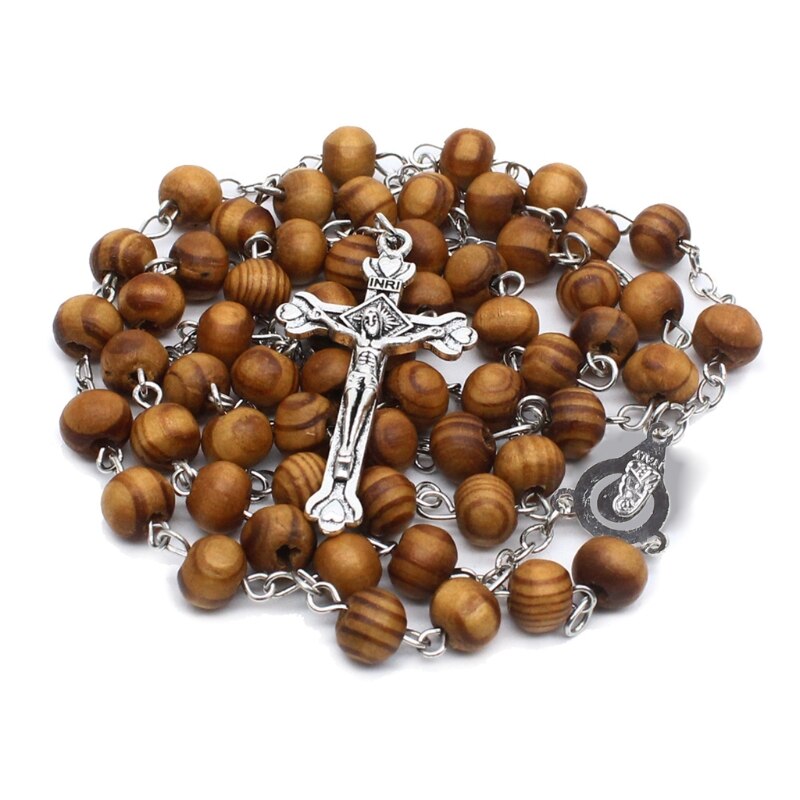 Retro Houten Rozenkrans Kralen Ketting Voor Vrouwen Cross Jezus Hanger Religieuze