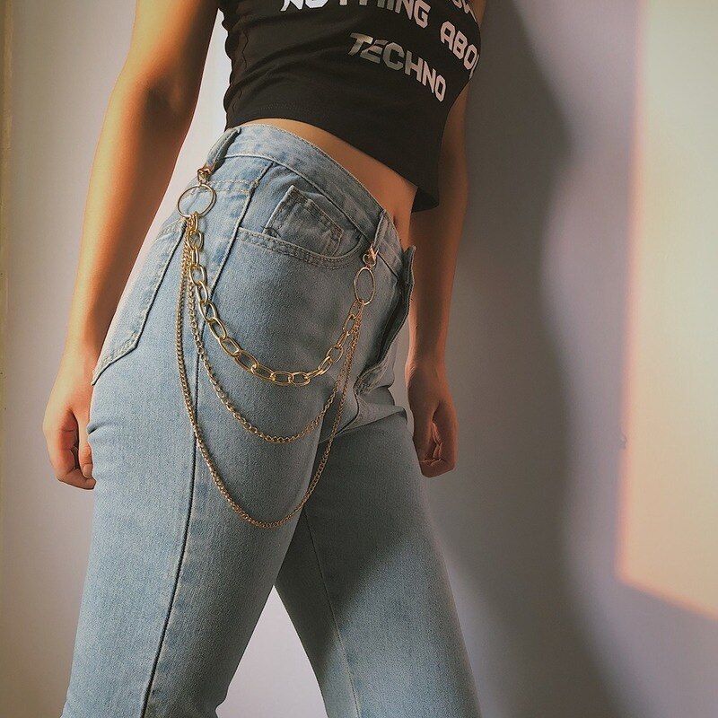 Cinturones colgantes de estilo Punk con personalidad femenina para mujer, cinturón de cadena con flecos de Hip Hop, cadenas metálicas doradas y plateadas para pantalones vaqueros