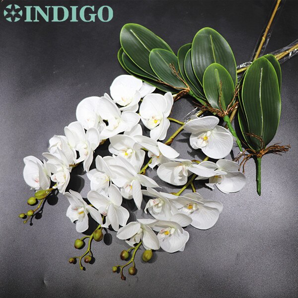 Arrangement fleur orchidée INDIGO-rouge grand 90cm (3 orchidée + 3 feuilles) vraie touche fleur décoration de fête de mariage: White