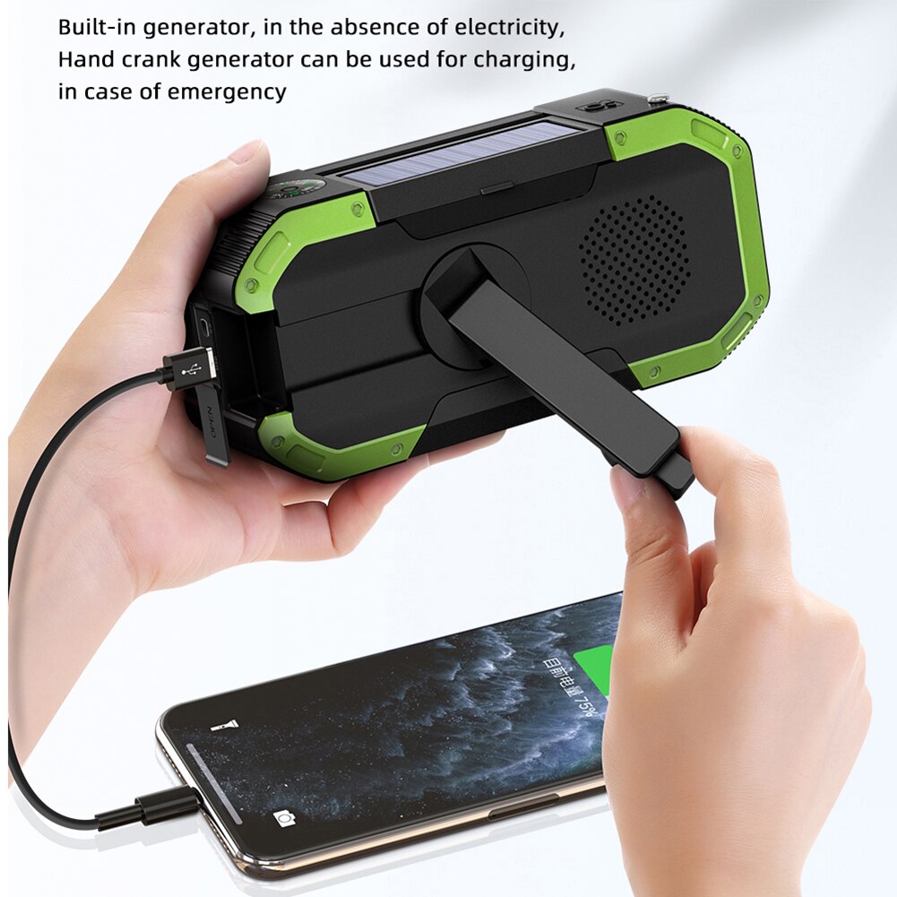 Portable Bluetooth Speaker AM/FM Emergency Radio Hand Crank Solar Radio LED Flashlight 5000mAh Power Bank USB Cell Phone Charger