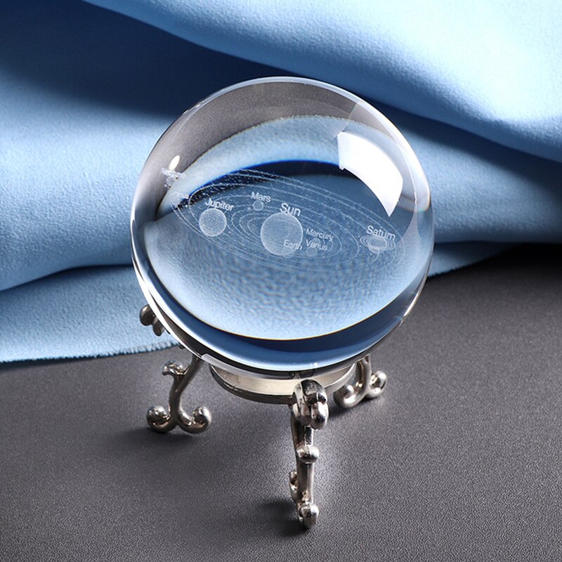 3D Solar System 60MM Crystal Ball Planets Glass Ball Engraved Globe Miniature Decor: Silver Metal Base