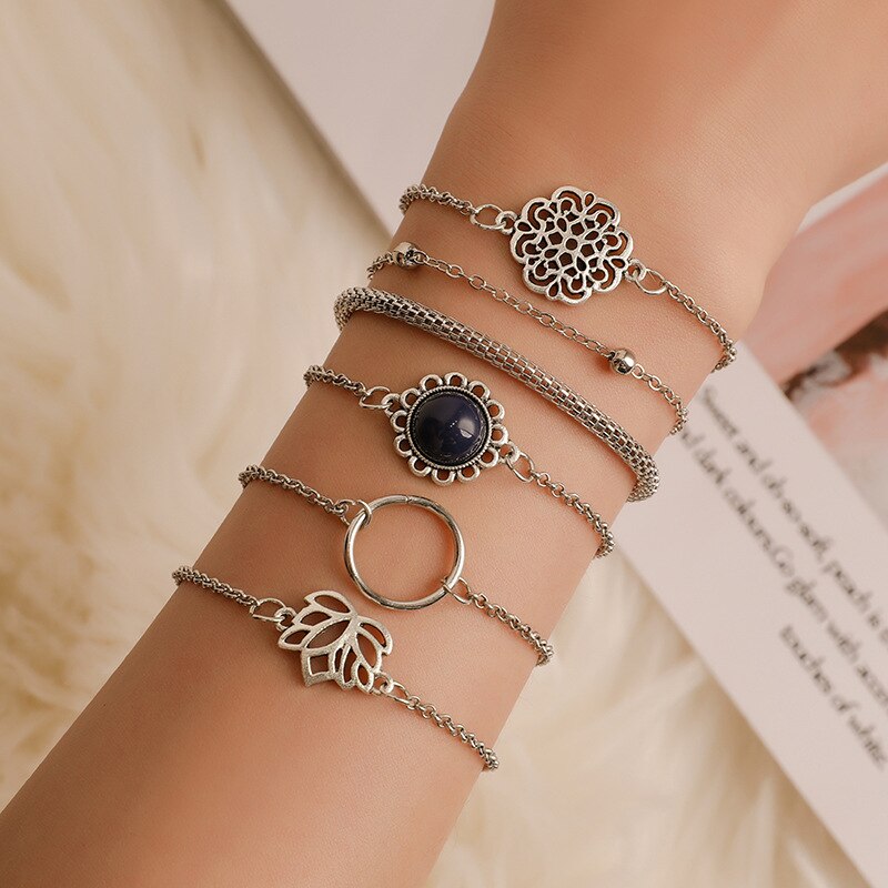 5 teile/satz Böhmen Hülse Mond Charme Armbinde einstellen Für Frauen Herz Geometrische Schwarz Perlen Kette Armreif Mädchen Schmuck: Antikes Kupfer überzogen