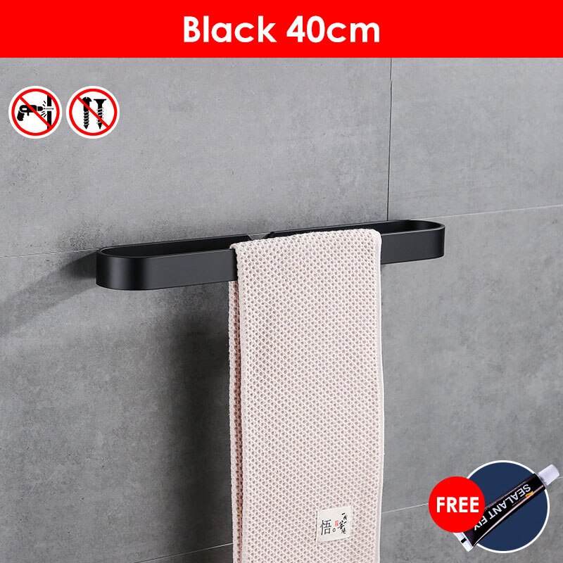 Zwart Badhanddoek Houder Badkamer Handdoekenrek Geen Punch Handdoek Rail Rack Handdoek Houder Badkamer Opslag Plank: 40cmBlack