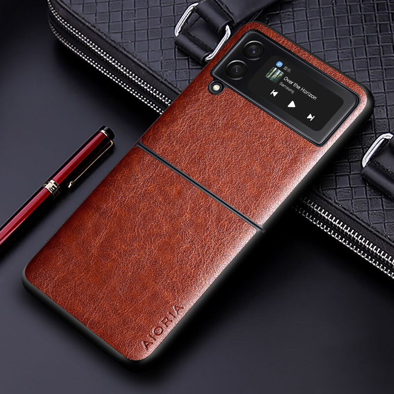 Luxe Pu Leather Case Voor Samsung Galaxy Z Flip3 5G Met Business Effen Kleur Telefoon Cover Voor Samsung Z Flip 3 5G Case: Brown