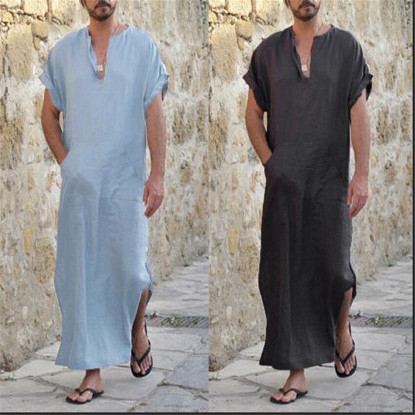 Saudi Arab Dubai Man Muslim Kaftan Thobe Middle East Turkish Islamic Traditional V-neck Jubba Robes Vintage Long Shirt