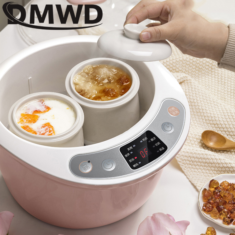 DMWD Intelligent Slow Cookers Electric timing Food Steamer 3 Liner 1.8L Ceramic multifunctional Water Stewing soup Porridge pots