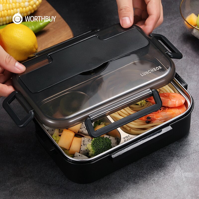 WORTHBUY fiambrera japonesa para niños con compartimentos, caja Bento de acero inoxidable 304 para niños, caja contenedora de alimentos con vajilla