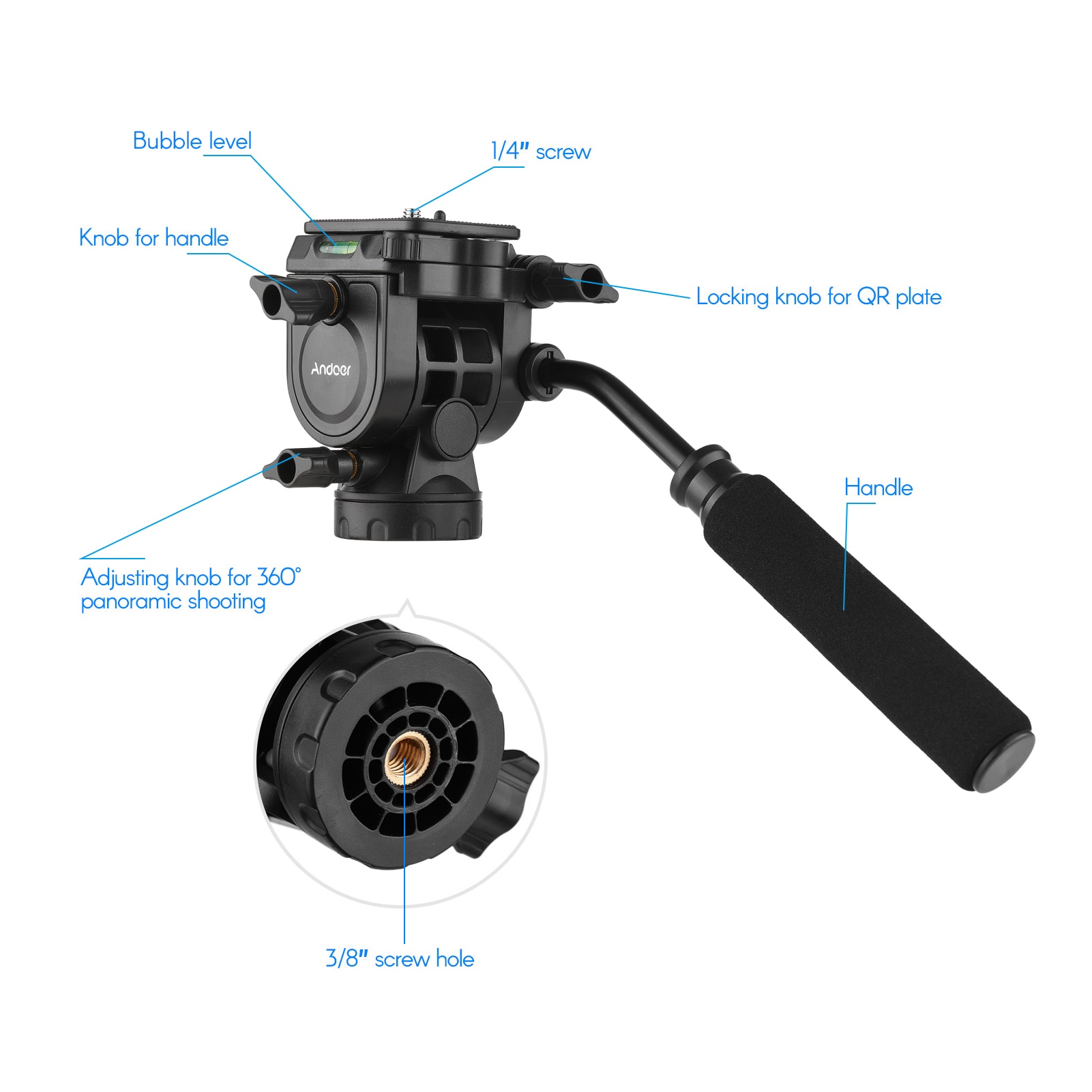 Væskehydraulisk kuglehoved panoramafotografering med håndtag til 1/4 tommer skruekamera videokamera og 3/8 tommer monopod stativ