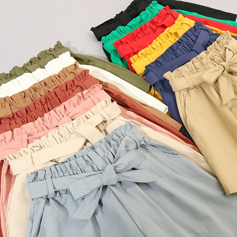 Elastic waist tie bow Loose Cotton shorts Womens summer Korean ruffles wide leg shorts for women wild casual Shorts