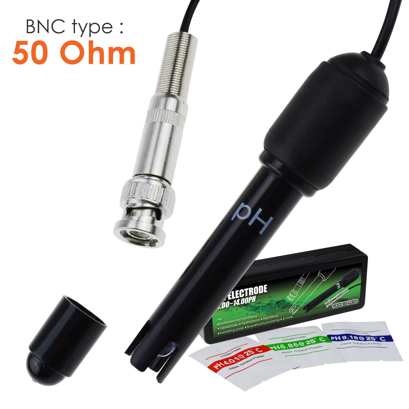 PH Probe with BNC Connector, 150cm Long Cable 0-14pH Test Sensor Electrode for Aquarium Hydroponics Plant Pool Spa