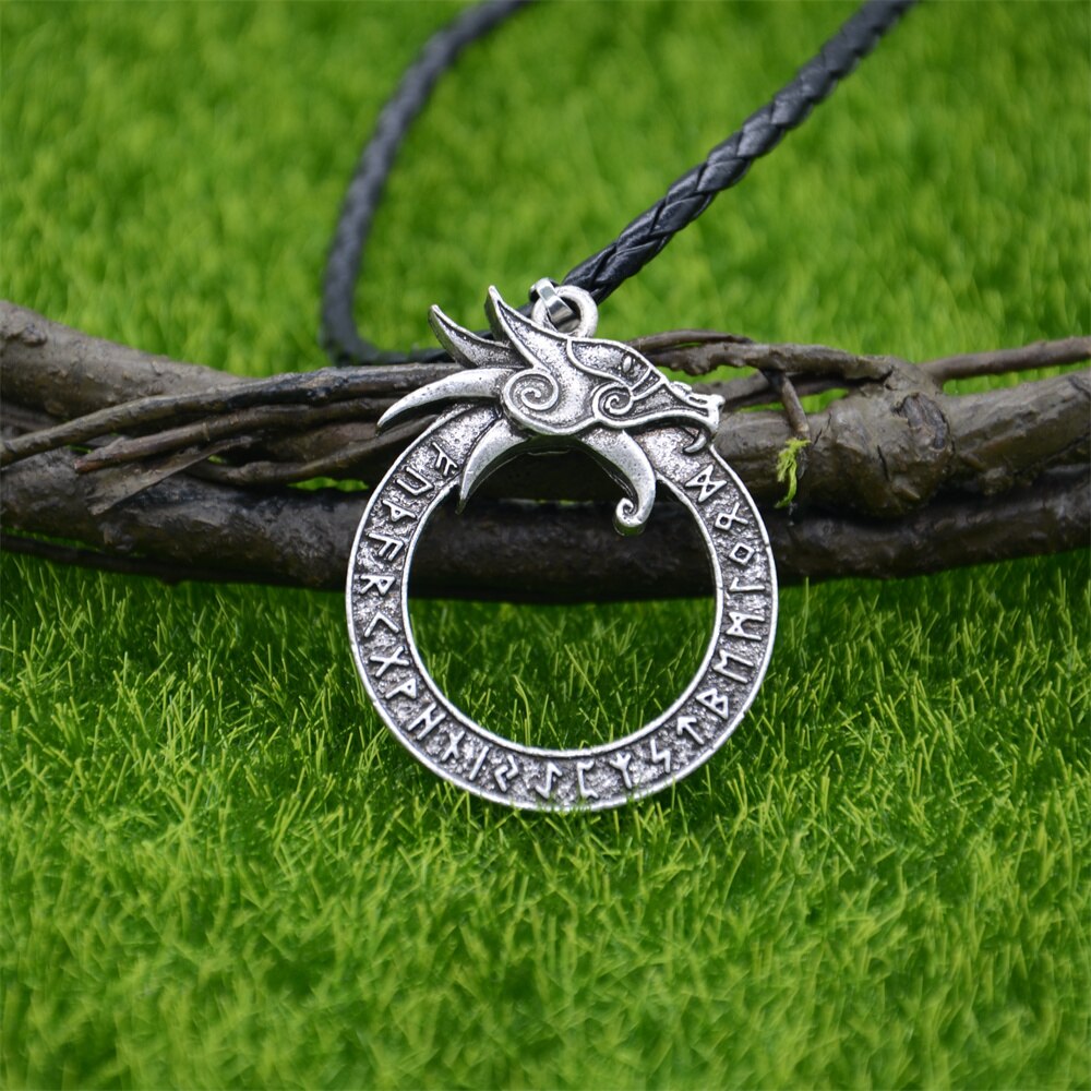 Runiczne runy amulet gotyckie akcesoria Ouroboros Norse smok Got naszyjnik wiking talizman biżuteria: skórzany Chain srebro
