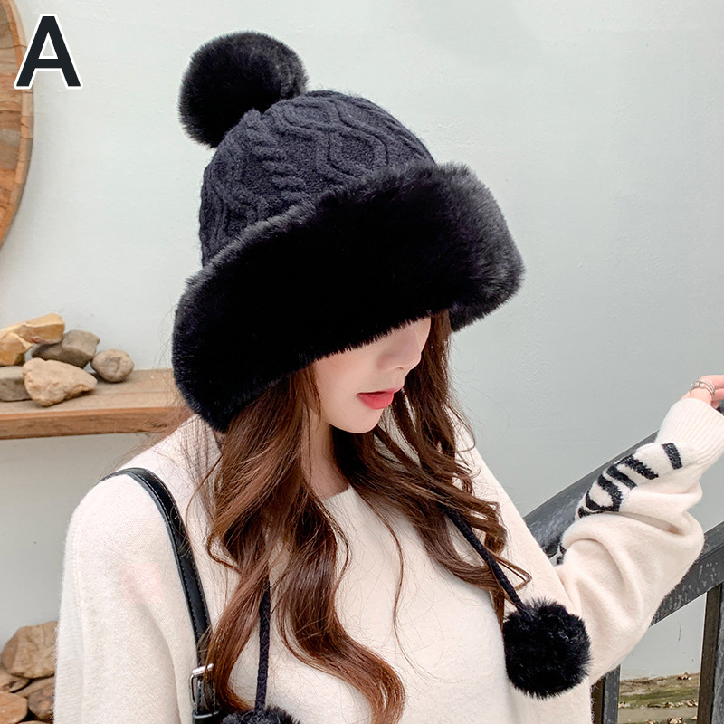 Gorro de nieve grueso con pompones para mujer, gorro cálido de punto, suave, , para esquí, Invierno: A