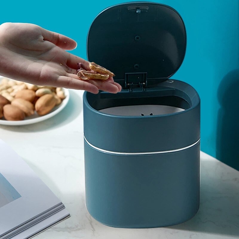 Mini Trash Can Desktop Waste Bin with Press-Open Lid Small Table Top Bin Graceful Round Corner Paper Bin for Home