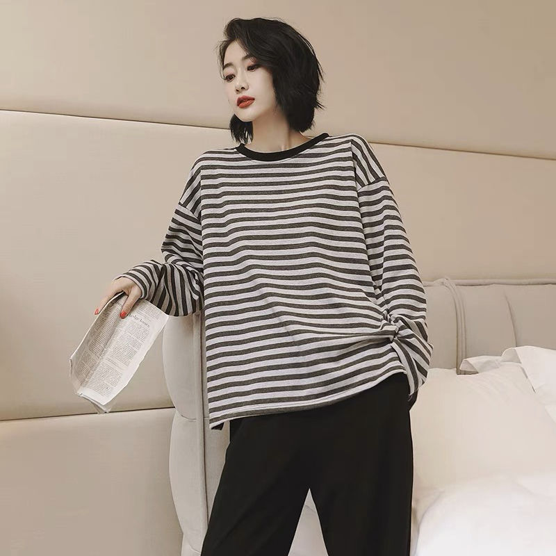 QWEEK Pajamas for Teen Girls Striped Solid Color Loungewear Soft and Loose Home Clothes Bedroom Set Pyjamas Pijamas Autumn Gray