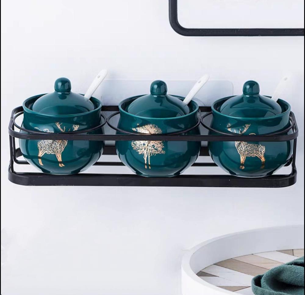 Creatieve Nordic Stijl Licht Luxe Emerald Keramische Suiker Blikken Zout MSG Pot Kruiden Pot Kruiden Doos Vier stuk Huishoudelijke set: Hanged Type D