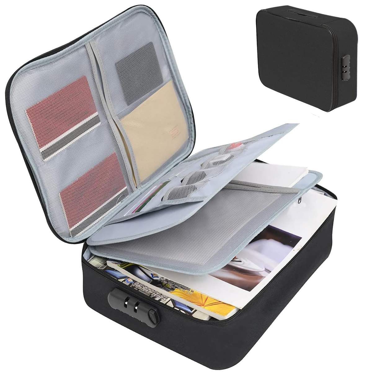 Document briefcase, 3-layer lockable storage bag, men's women's bag, wallet, passport, home security function storage box.-zmt: black