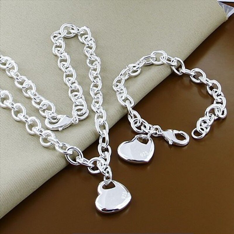 Jewelry Set 925 Sterling Silver Heart Small Chain Necklace Bracelet Set Woman Man Fine Jewelry