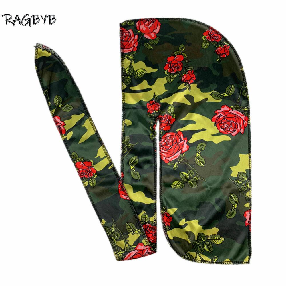 Nuevas pañuelos Durag de seda con estampado de camuflaje para hombres, Durags sedosos, gorro ondulado de cola larga, pañuelo para la cabeza, sombrero para mujer, diadema Durag