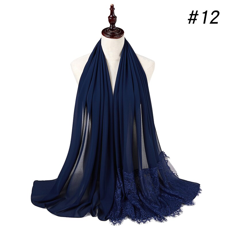 Vrouw Vlakte Kant Sjaal Buble Chiffon Moslim Sjaal Moslim Effen Kleur Lady Uitlaat Luxe Foulard Hijaabs: color 12