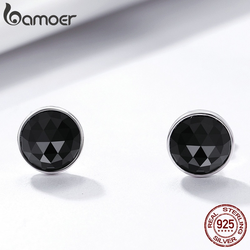 BAMOER 100% 925 Sterling Silver June Droplets Stud Earrings, Black Crystal Stud Earrings Women Sterling Silver Jewelry PAS523