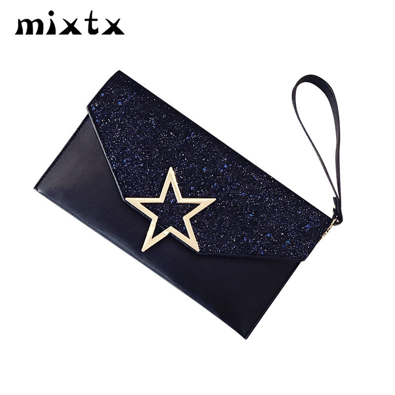 mixtx Women Envelope Clutch Bag Sequin Star Banquet Bag Patchwork Crossbody Wristband Bag Female Messenger Handbags