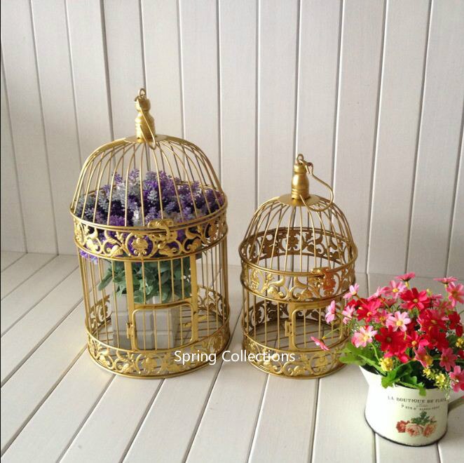 Jaula decorativa de metal para pájaros de boda, juego de decoración de 14x25/19x35cm, hecho a mano, de estilo antiguo dorado, ideal para regalar y regalar: 1set