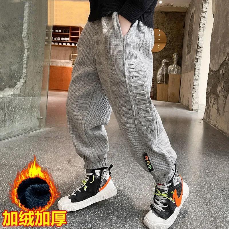 Pantalones de lana para niños de 3 a 14 años, mallas gruesas y cálidas de terciopelo con letras bordadas, ropa de otoño
