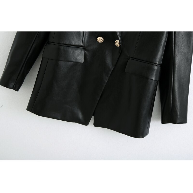 RR negro PU cuero chaquetas con muescas mujeres Triple pecho chaquetas mujeres elegantes trajes de manga larga Mujer señoras HAE
