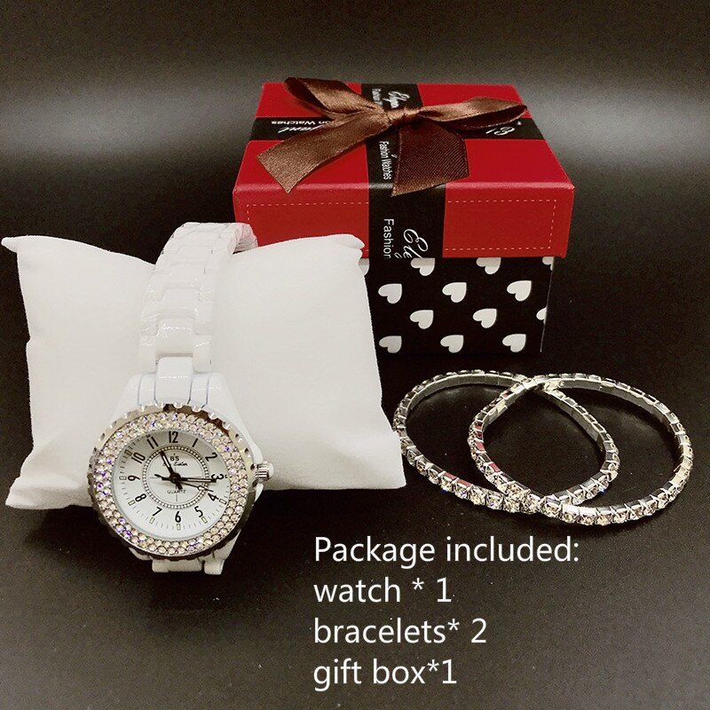 BS Luxury Ceramic Women Watch Crystal White Ladies Quartz Wristwatches Women Watches Ladies Wrist watches Female Clock: 1 set W