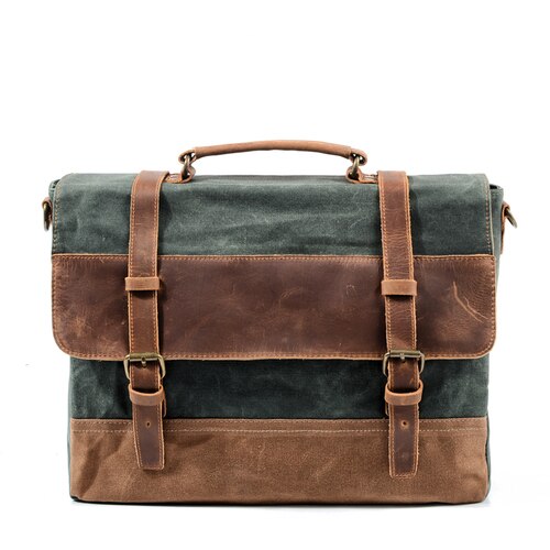 Muchuan Olie Wax Canvas Handtas Mens Waterdichte Schoudertas Vintage Canvas Lederen Aktetassen 14 &quot;Laptop Messenger Bags Grote: Green lake