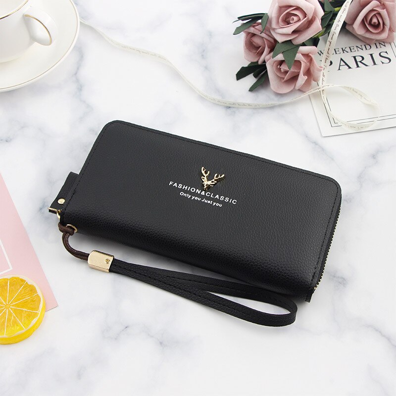 Dames clutch portemonnee grote capaciteit portemonnee lang kort muntvak pu lederen dames portemonnees: Zwart