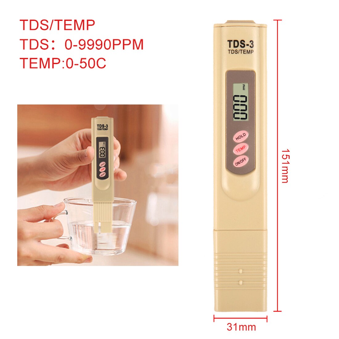 LCD Display Accuracy 0.01ph Digital PH Meter Tester TDS Meter Pen 0-14PH/0-9990PPM for Drinking/Food/Lab PH Water Purity Monitor: TDS3