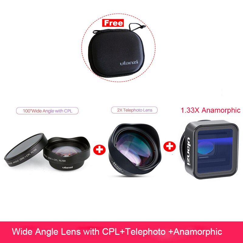Ulanzi mobiltelefon linse 17mm interface vidvinkelobjektiv med cpl filter anamorfisk linse fiskeøje tele 75mm makro linse