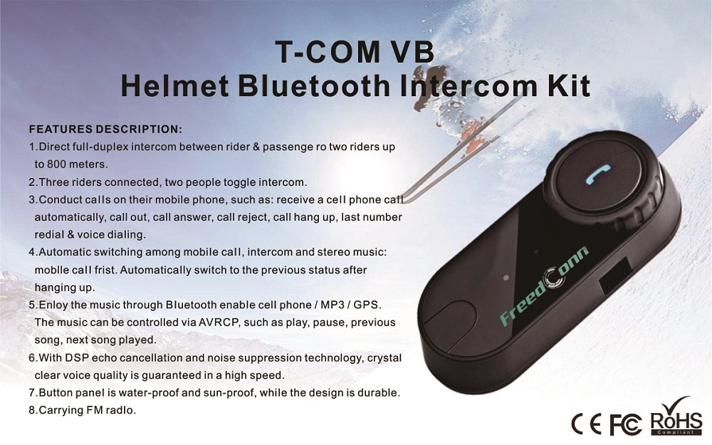 FreedConn TCOM-VB 800M Motorrad Bluetooth Gegensprechanlage Helm Headset mit FM Radio Unterstützung (nicht einschließlich zubehör)