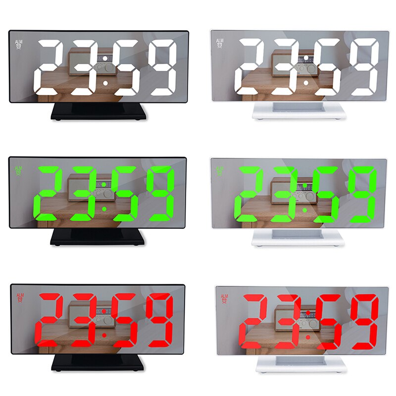 Bedside Mirror Alarm Clock LED Digital Time Display Snooze Temperature Adjustment Light Battery Operated Makeup Mirror Clock