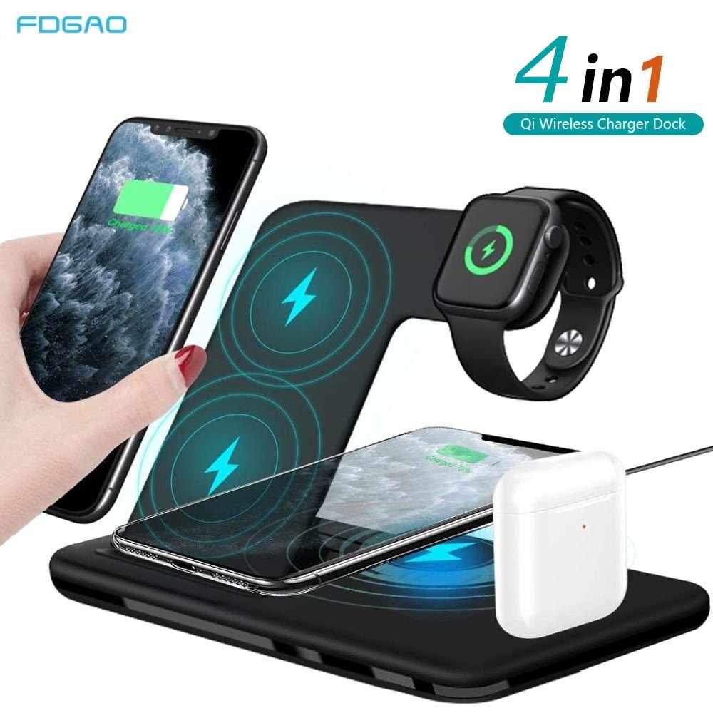 Fdgao 15w 4 in 1 qi trådlöst laddningsställ för iphone 12 11 xs xr  x 8 airpods pro laddningsdockningsstation för apple watch 6 5 4 3 2