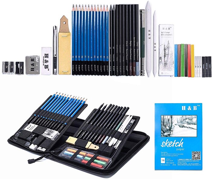 H&amp;B 48pcs Sketch Pencils Set Artists Drawing Kit in Pencil case with Pencil Sharpener Art Supplies for Student Painter Beginner: Default Title
