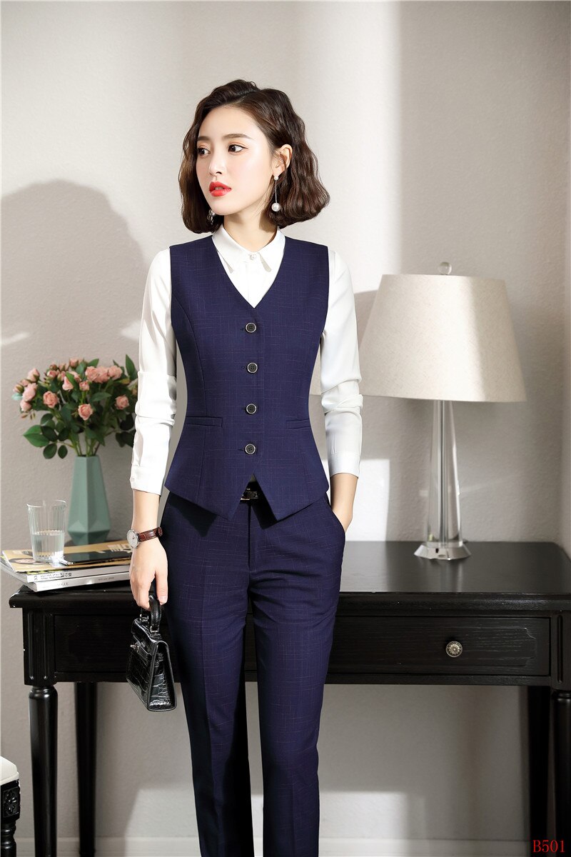 Formal Women Business Suits with Pant and Vest Set Work Wear Ladies Black Waistcoat Office Uniform Styles