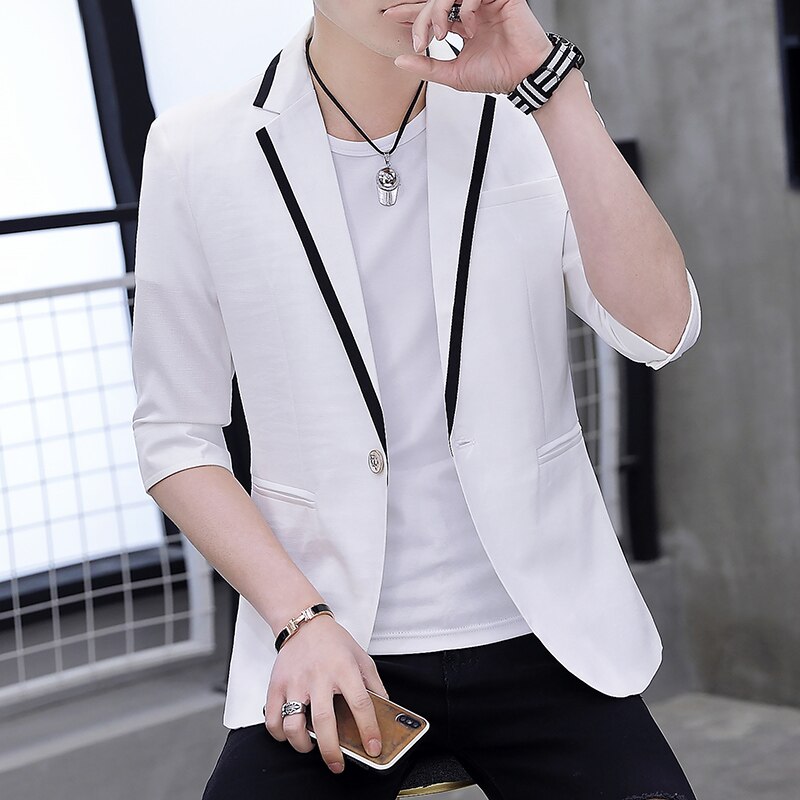 Ungdom blazer herre slim fit blazer masculino mandlig turn-down krave halværmede blazere herre casual blazer jakke mand: Hvid / Xxxl