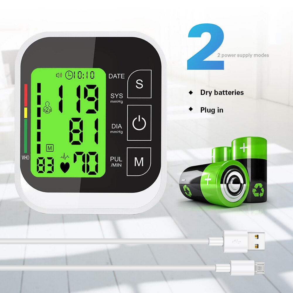OLIECO USB Monitor automático de presión arterial brazo medidor de pulso Digital tonómetro LCD esfigmomanómetro 2 Persona memoria voz en Inglés